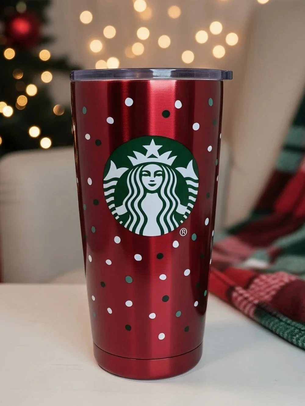 Starbucks 20 Ounce Red Holiday Stainless Steel Polka Dot Logo Tumbler.